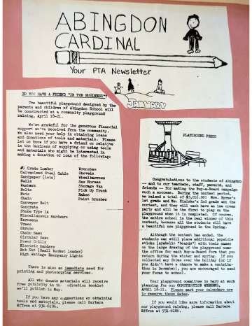 A photo documenting the construction of the Abingdon playground in 1985.