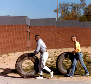 A photo documenting the construction of the Abingdon playground in 1985.