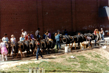 A photo documenting the construction of the Abingdon playground in 1985.