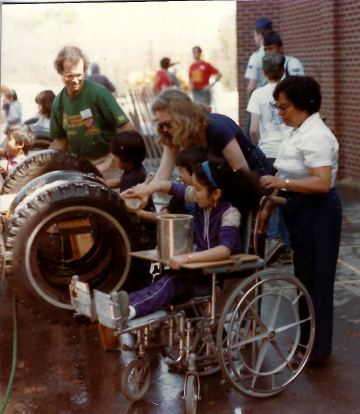 A photo documenting the construction of the Abingdon playground in 1985.