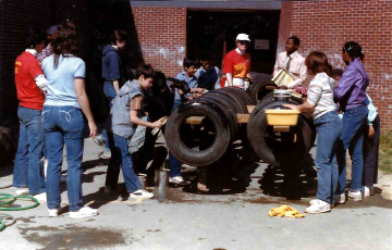 A photo documenting the construction of the Abingdon playground in 1985.