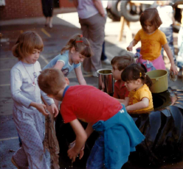 A photo documenting the construction of the Abingdon playground in 1985.