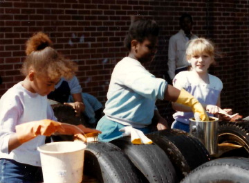 A photo documenting the construction of the Abingdon playground in 1985.