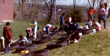 A photo documenting the construction of the Abingdon playground in 1985.