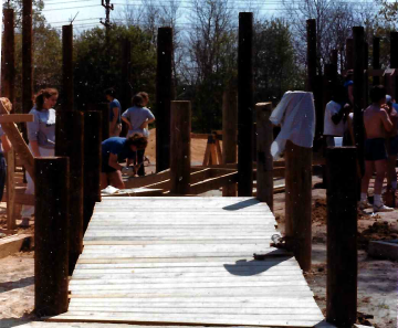 A photo documenting the construction of the Abingdon playground in 1985.