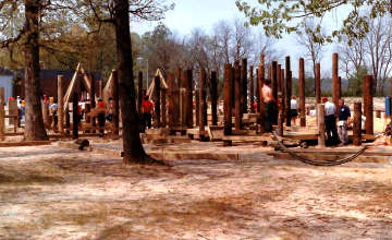 A photo documenting the construction of the Abingdon playground in 1985.