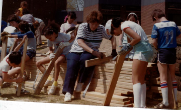 A photo documenting the construction of the Abingdon playground in 1985.