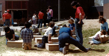 A photo documenting the construction of the Abingdon playground in 1985.