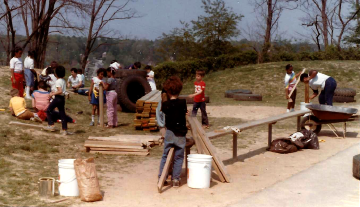 A photo documenting the construction of the Abingdon playground in 1985.