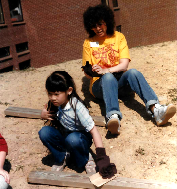 A photo documenting the construction of the Abingdon playground in 1985.