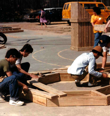 A photo documenting the construction of the Abingdon playground in 1985.