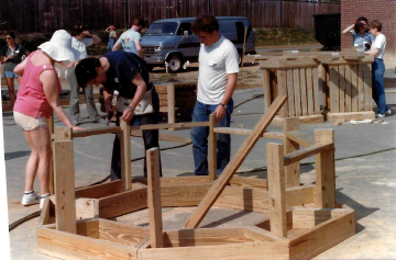 A photo documenting the construction of the Abingdon playground in 1985.