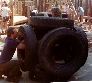 A photo documenting the construction of the Abingdon playground in 1985.