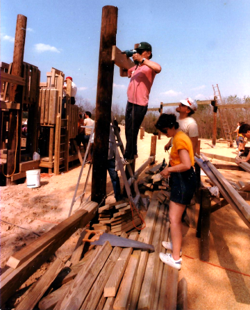 A photo documenting the construction of the Abingdon playground in 1985.