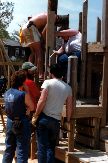 A photo documenting the construction of the Abingdon playground in 1985.