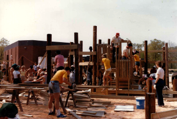 A photo documenting the construction of the Abingdon playground in 1985.