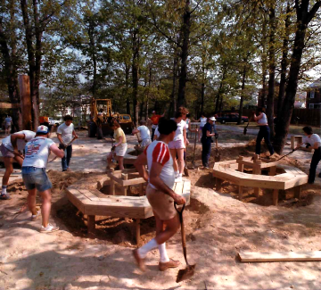 A photo documenting the construction of the Abingdon playground in 1985.