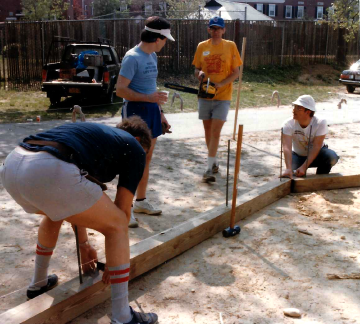 A photo documenting the construction of the Abingdon playground in 1985.