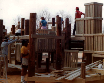 A photo documenting the construction of the Abingdon playground in 1985.