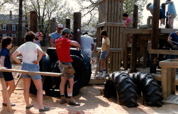 A photo documenting the construction of the Abingdon playground in 1985.