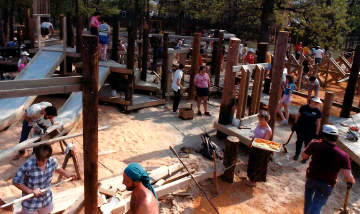 A photo documenting the construction of the Abingdon playground in 1985.