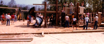 A photo documenting the construction of the Abingdon playground in 1985.