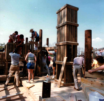 A photo documenting the construction of the Abingdon playground in 1985.