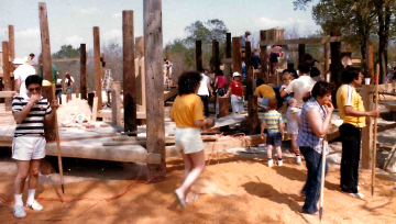 A photo documenting the construction of the Abingdon playground in 1985.