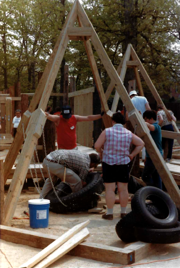 A photo documenting the construction of the Abingdon playground in 1985.