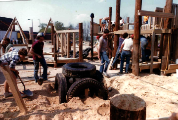 A photo documenting the construction of the Abingdon playground in 1985.