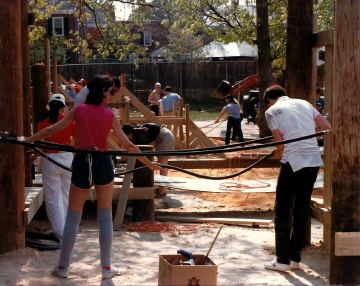 A photo documenting the construction of the Abingdon playground in 1985.