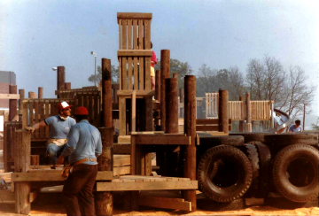 A photo documenting the construction of the Abingdon playground in 1985.