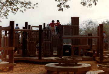 A photo documenting the construction of the Abingdon playground in 1985.