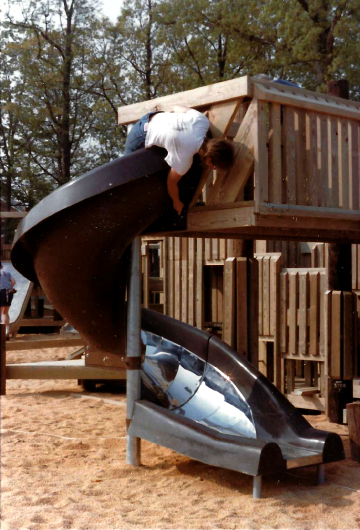 A photo documenting the construction of the Abingdon playground in 1985.