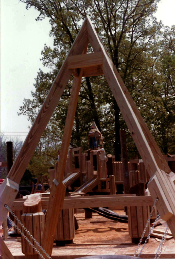 A photo documenting the construction of the Abingdon playground in 1985.