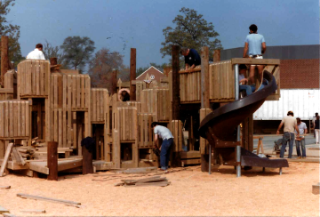 A photo documenting the construction of the Abingdon playground in 1985.