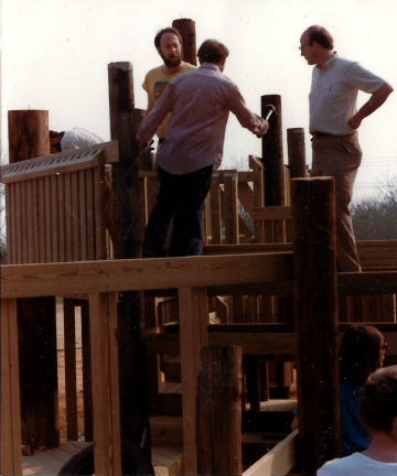 A photo documenting the construction of the Abingdon playground in 1985.