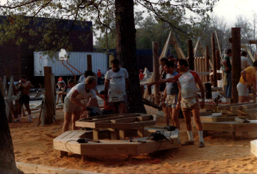 A photo documenting the construction of the Abingdon playground in 1985.