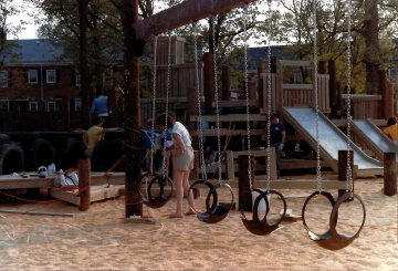 A photo documenting the construction of the Abingdon playground in 1985.