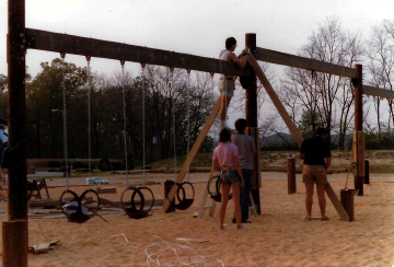 A photo documenting the construction of the Abingdon playground in 1985.