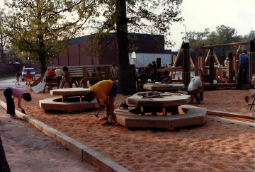 A photo documenting the construction of the Abingdon playground in 1985.