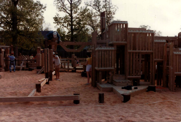 A photo documenting the construction of the Abingdon playground in 1985.