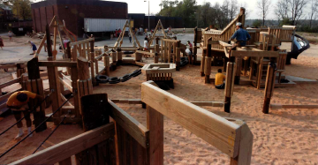 A photo documenting the construction of the Abingdon playground in 1985.