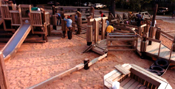 A photo documenting the construction of the Abingdon playground in 1985.