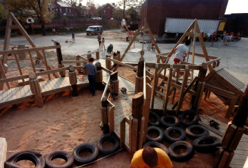 A photo documenting the construction of the Abingdon playground in 1985.