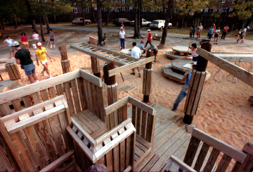 A photo documenting the construction of the Abingdon playground in 1985.