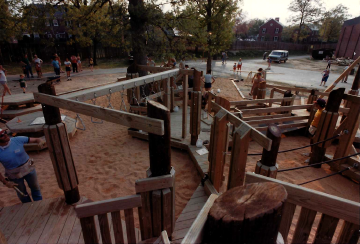 A photo documenting the construction of the Abingdon playground in 1985.