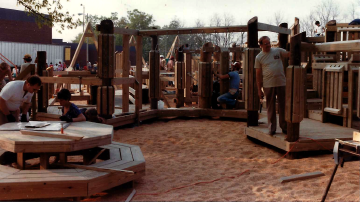 A photo documenting the construction of the Abingdon playground in 1985.