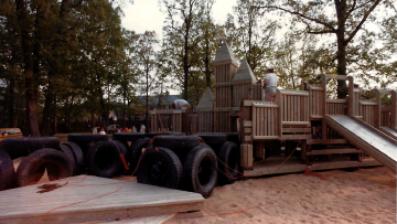 A photo documenting the construction of the Abingdon playground in 1985.