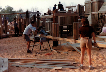 A photo documenting the construction of the Abingdon playground in 1985.